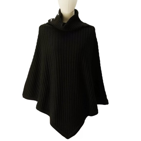 NWT Michael Kors Poncho Sweater, Black, One Size, Turtleneck button Cozy - Picture 1 of 5